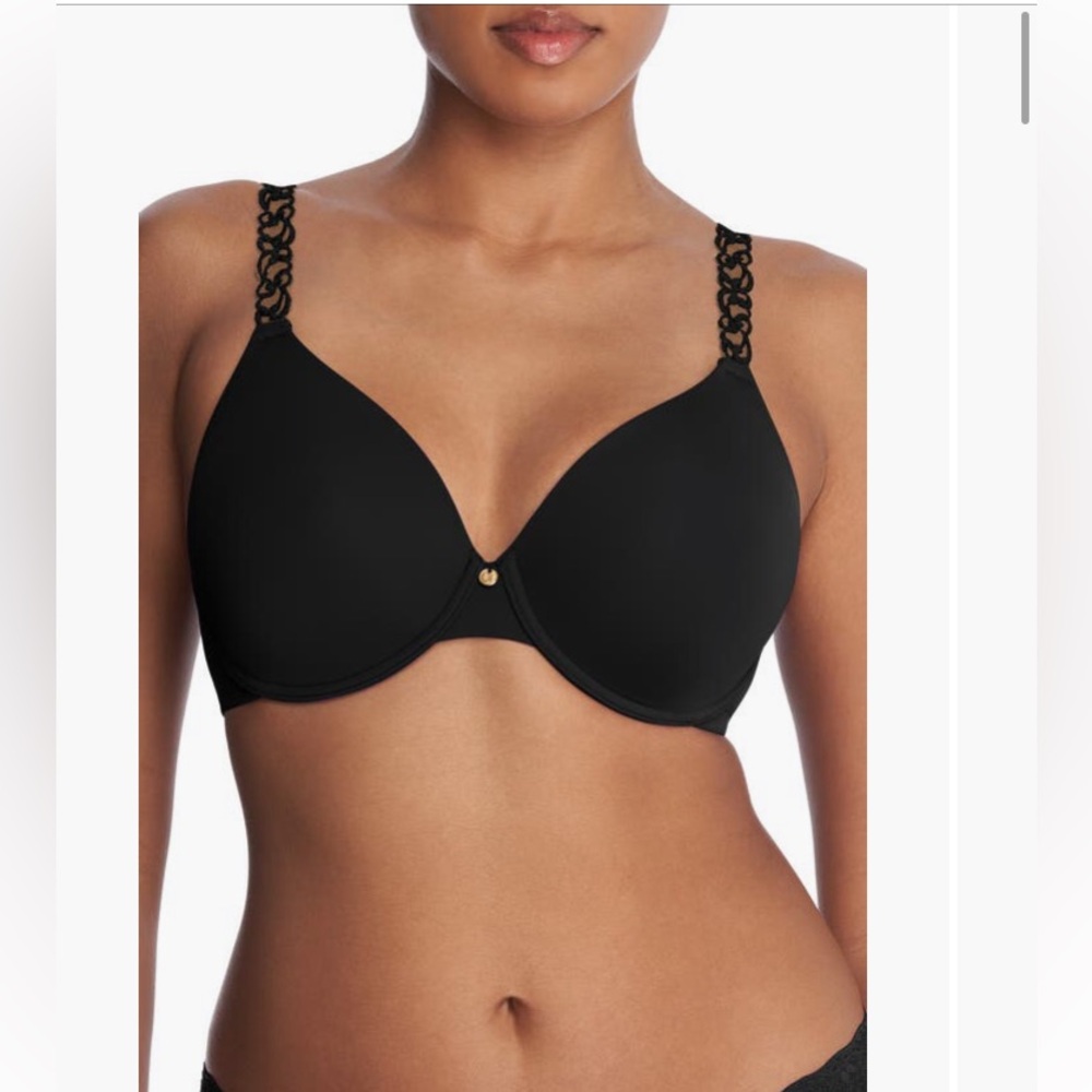 Natori Black T-Shirt Bra with Pink Lace-Trim Straps